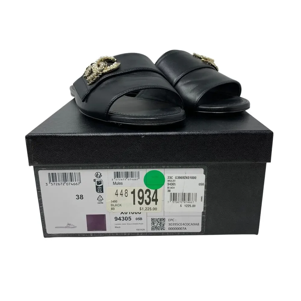 Chanel CC Pearl Logo Leather Mule Sandals Black Size 38 US 7.5 New With Box - Picture 10 of 11